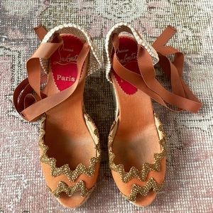 christian louboutin paris orange peep toe canvas fabric cork wedge heels size 7